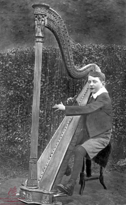 A young harpist in the garden of The Swan